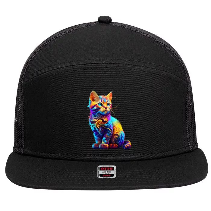 Cute Cat for Kitten Lovers Colorful Art Kitty Adoption 7 Panel Mesh Trucker Snapback Hat