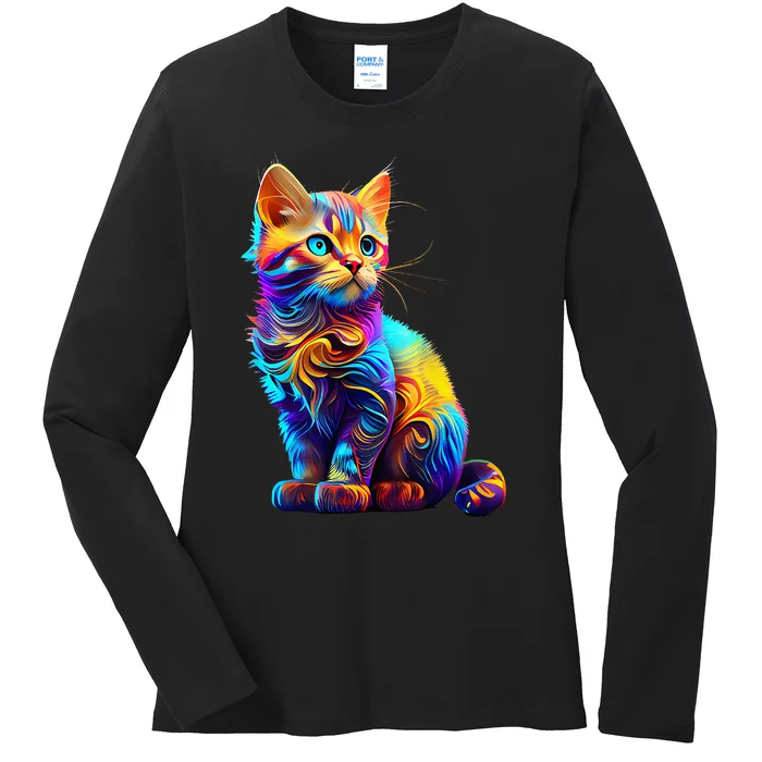 Cute Cat for Kitten Lovers Colorful Art Kitty Adoption Ladies Long Sleeve Shirt