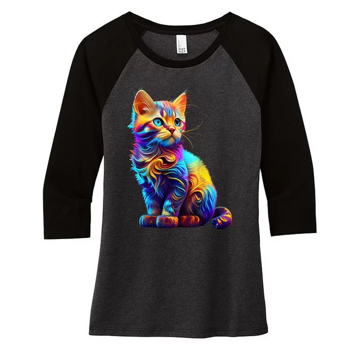 Cute Cat for Kitten Lovers Colorful Art Kitty Adoption Women's Tri-Blend 3/4-Sleeve Raglan Shirt