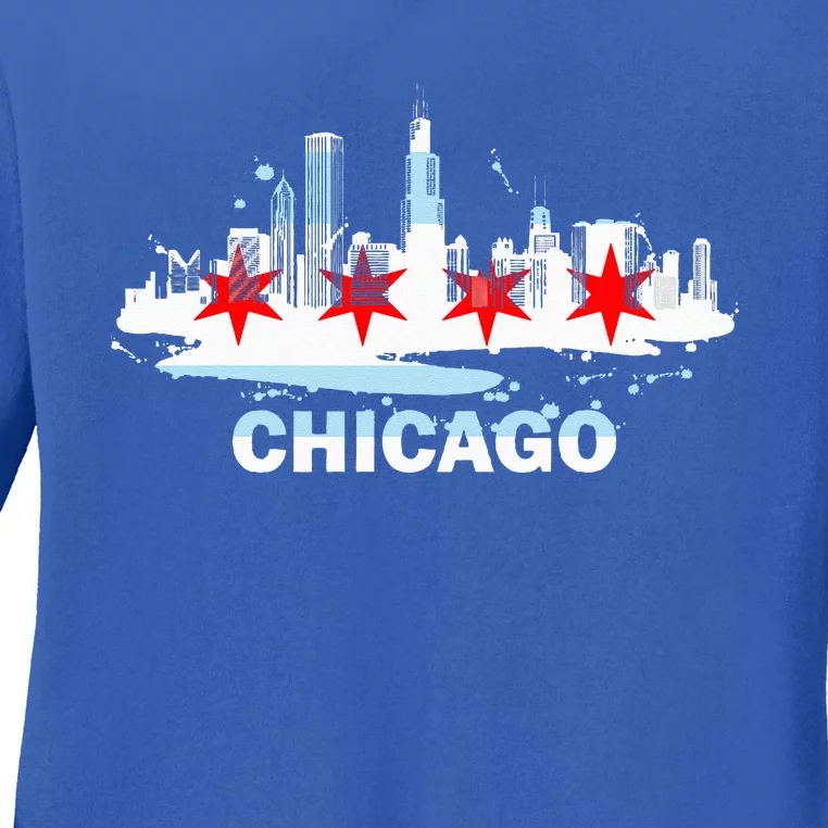 Chicago City Flag Downtown Skyline Chicago Skyline Ladies Long Sleeve Shirt