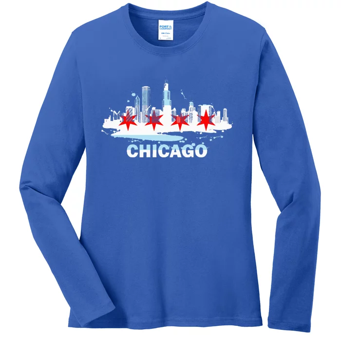 Chicago City Flag Downtown Skyline Chicago Skyline Ladies Long Sleeve Shirt