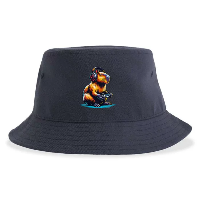 Capybara Cute Funny Capybara Rodent & Video Games Lover Sustainable Bucket Hat