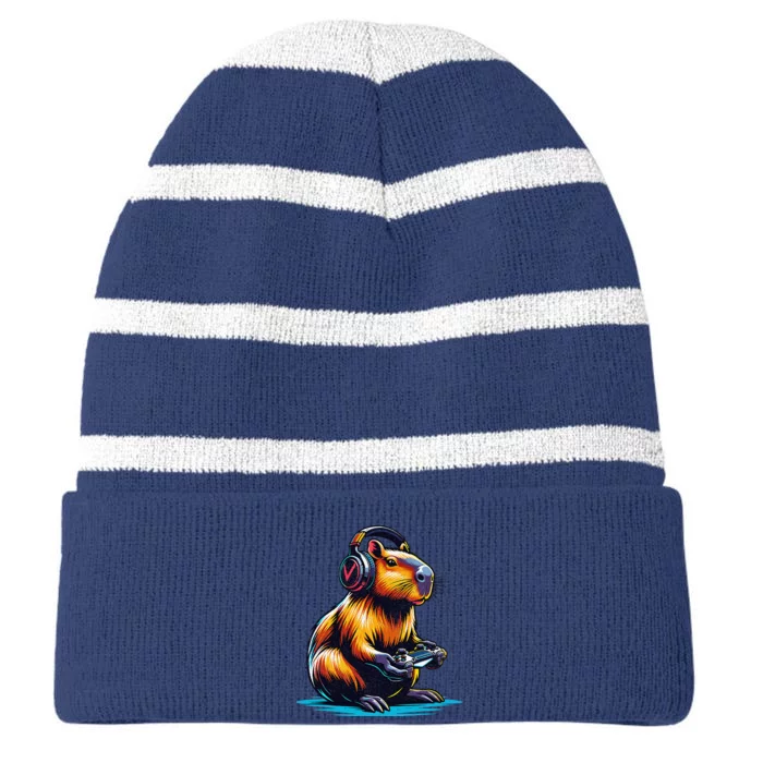 Capybara Cute Funny Capybara Rodent & Video Games Lover Striped Beanie with Solid Band