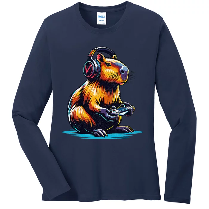 Capybara Cute Funny Capybara Rodent & Video Games Lover Ladies Long Sleeve Shirt