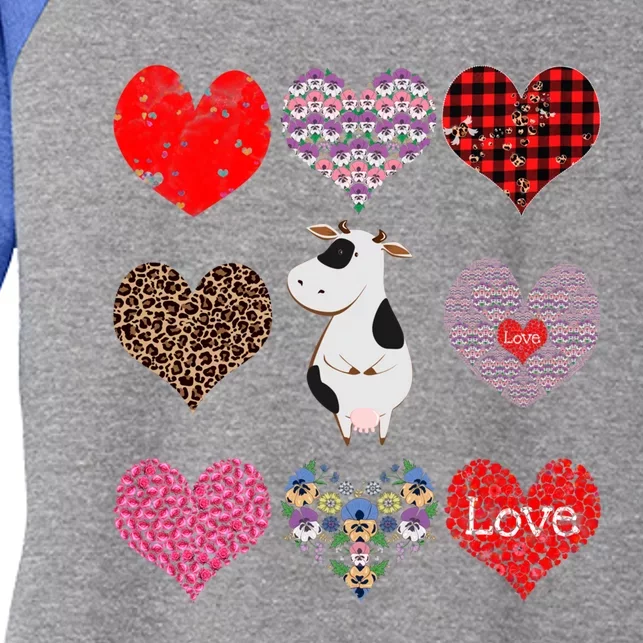 Cute Cow Funny Cow Lover Retro Hearts Pattern Valentines Day Gift Women's Tri-Blend 3/4-Sleeve Raglan Shirt