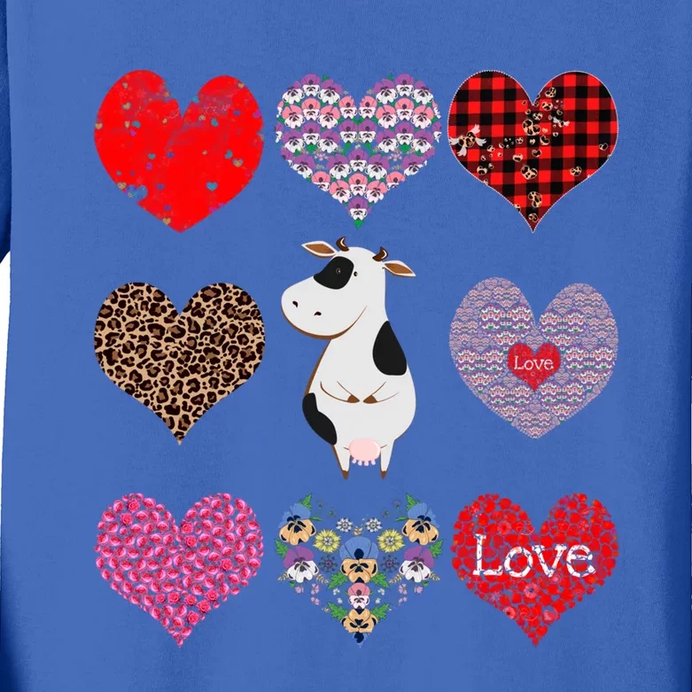 Cute Cow Funny Cow Lover Retro Hearts Pattern Valentines Day Gift Kids Long Sleeve Shirt