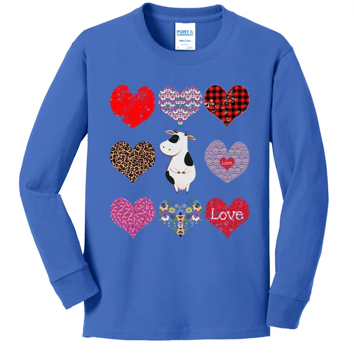 Cute Cow Funny Cow Lover Retro Hearts Pattern Valentines Day Gift Kids Long Sleeve Shirt