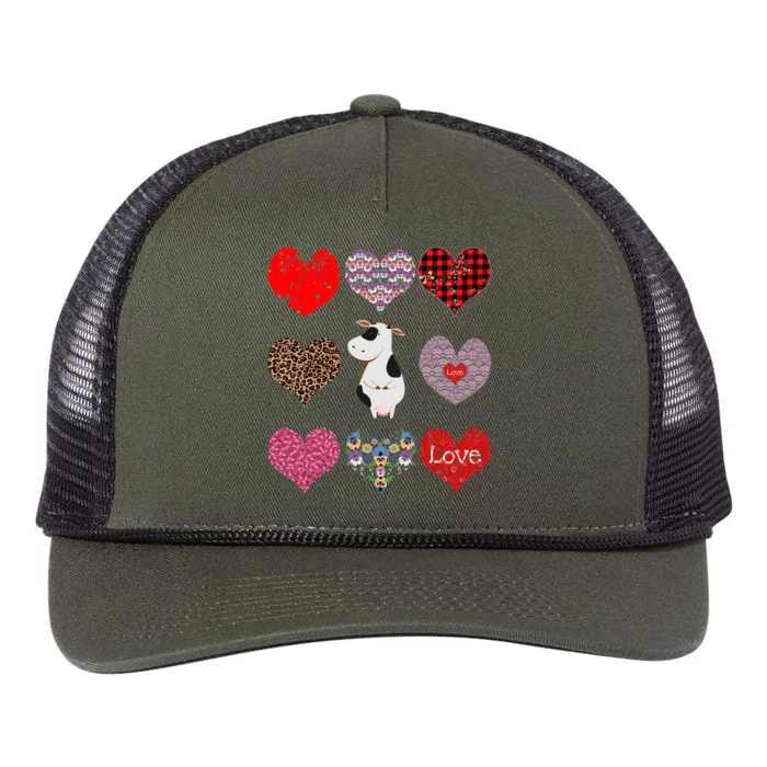 Cute Cow Funny Cow Lover Retro Hearts Pattern Valentines Day Gift Retro Rope Trucker Hat Cap