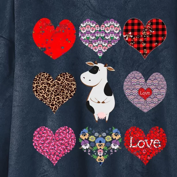 Cute Cow Funny Cow Lover Retro Hearts Pattern Valentines Day Gift Hooded Wearable Blanket