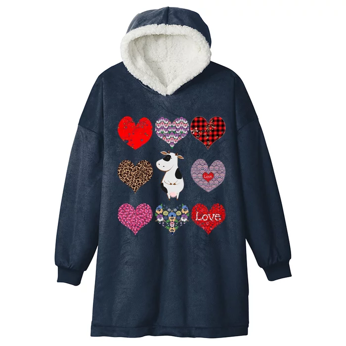 Cute Cow Funny Cow Lover Retro Hearts Pattern Valentines Day Gift Hooded Wearable Blanket