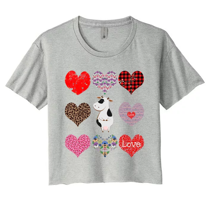 Cute Cow Funny Cow Lover Retro Hearts Pattern Valentines Day Gift Women's Crop Top Tee