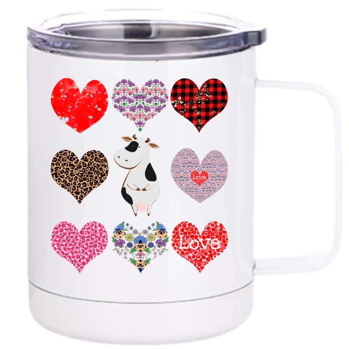 Cute Cow Funny Cow Lover Retro Hearts Pattern Valentines Day Gift Front & Back 12oz Stainless Steel Tumbler Cup