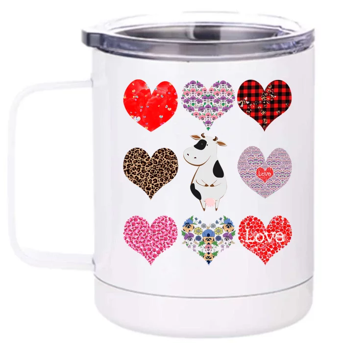 Cute Cow Funny Cow Lover Retro Hearts Pattern Valentines Day Gift Front & Back 12oz Stainless Steel Tumbler Cup