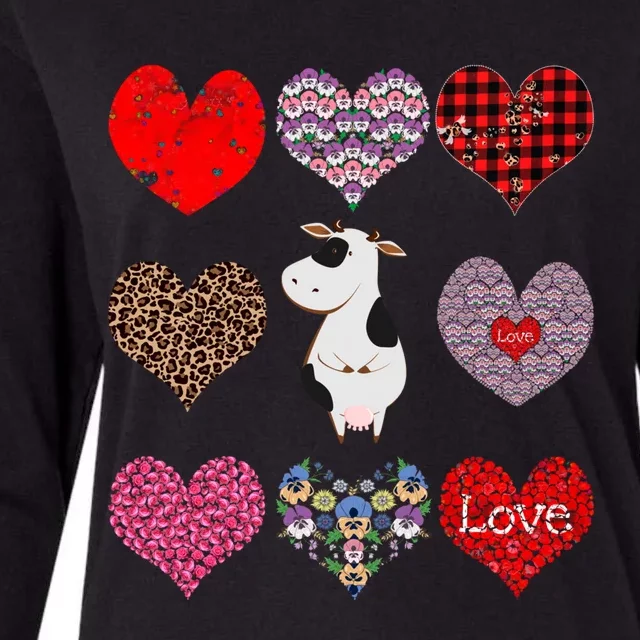 Cute Cow Funny Cow Lover Retro Hearts Pattern Valentines Day Cute Gift Womens Cotton Relaxed Long Sleeve T-Shirt