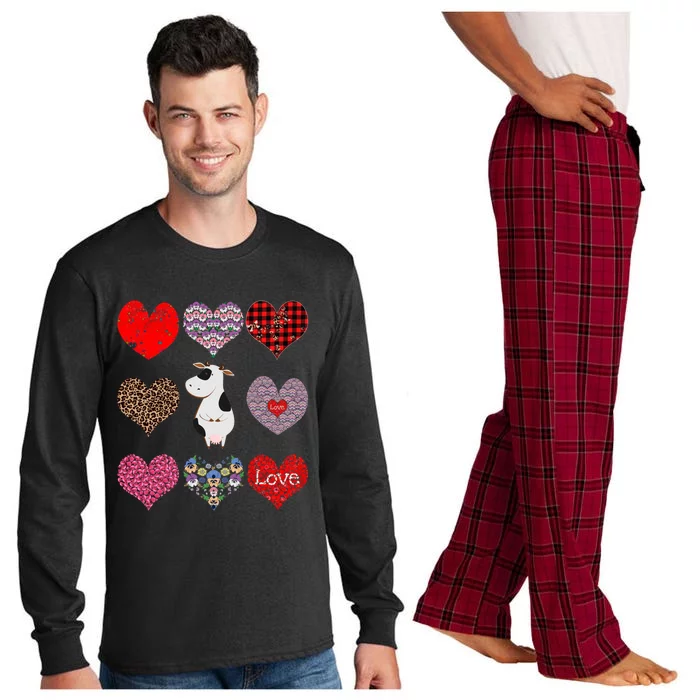 Cute Cow Funny Cow Lover Retro Hearts Pattern Valentines Day Funny Gift Long Sleeve Pajama Set