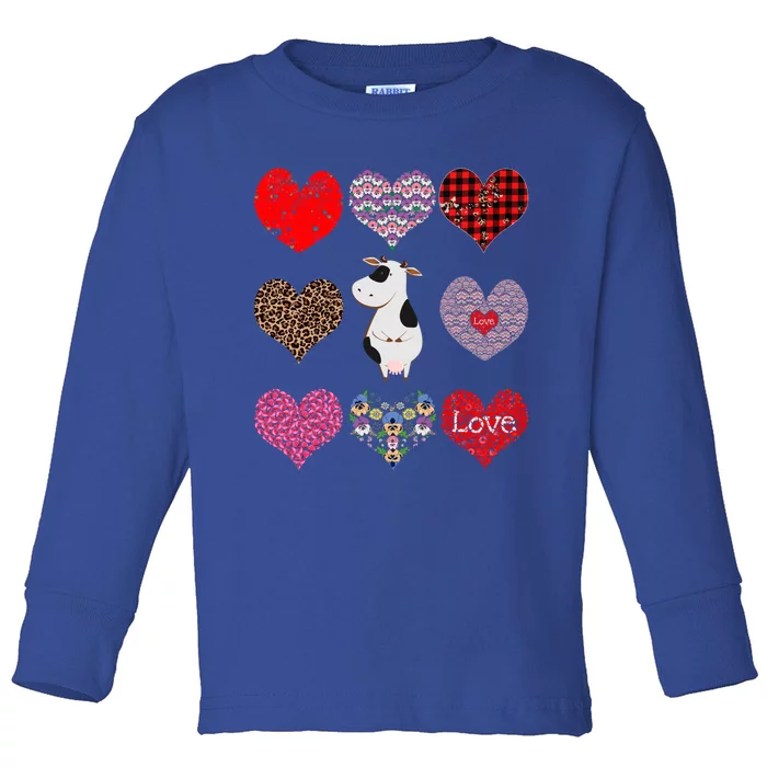 Cute Cow Funny Cow Lover Retro Hearts Pattern Valentines Day Funny Gift Toddler Long Sleeve Shirt