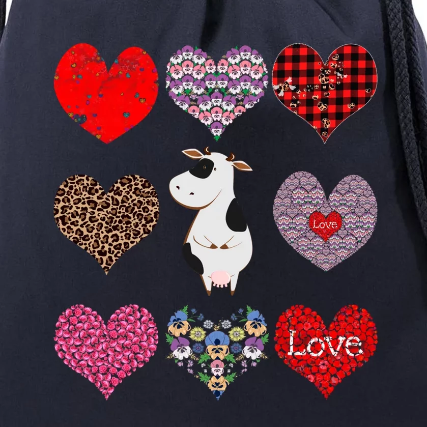 Cute Cow Funny Cow Lover Retro Hearts Pattern Valentines Day Funny Gift Drawstring Bag