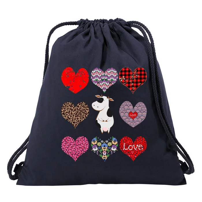 Cute Cow Funny Cow Lover Retro Hearts Pattern Valentines Day Funny Gift Drawstring Bag