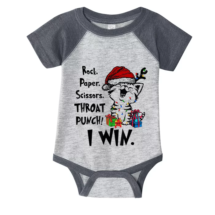 Christmas Cat Funny Rock Paper Scissors Throat Punch I Win Infant Baby Jersey Bodysuit