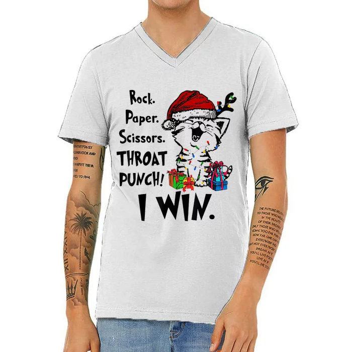 Christmas Cat Funny Rock Paper Scissors Throat Punch I Win V-Neck T-Shirt