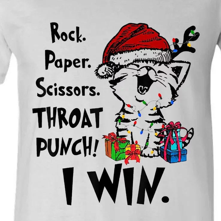 Christmas Cat Funny Rock Paper Scissors Throat Punch I Win V-Neck T-Shirt