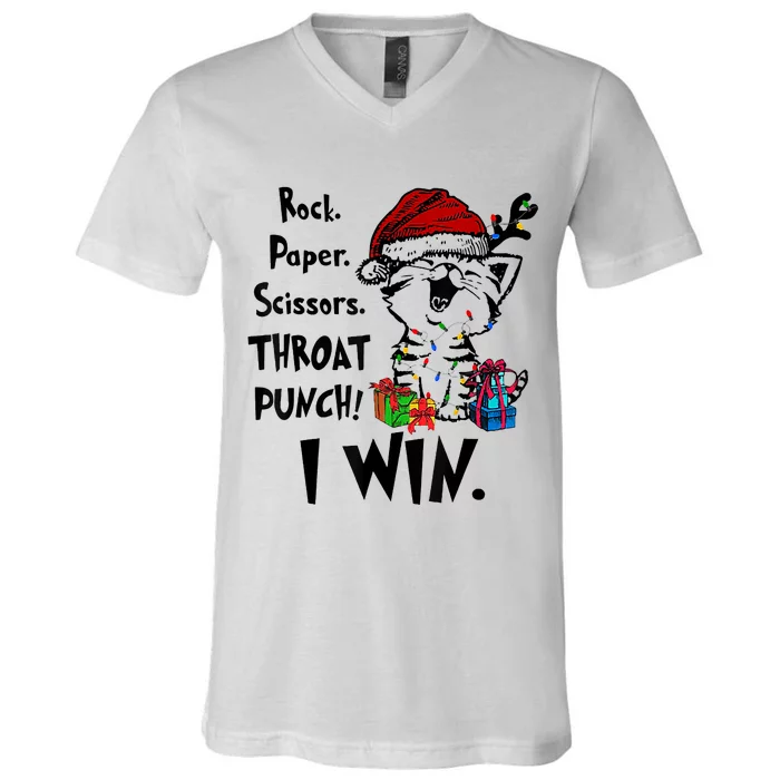 Christmas Cat Funny Rock Paper Scissors Throat Punch I Win V-Neck T-Shirt