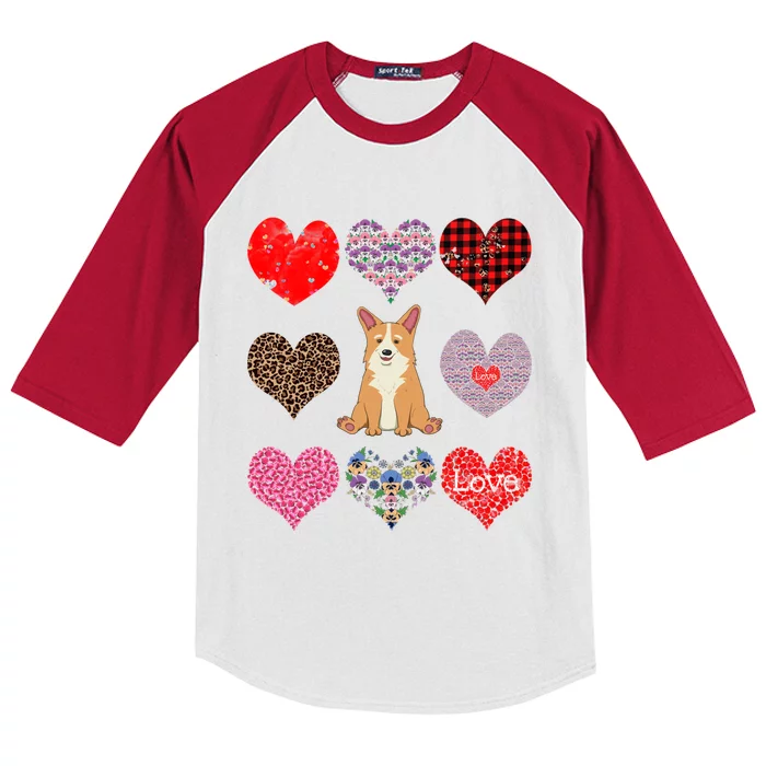 Cute Corgi Funny Dog Mom Hearts Pattern Valentines Day Gift Kids Colorblock Raglan Jersey