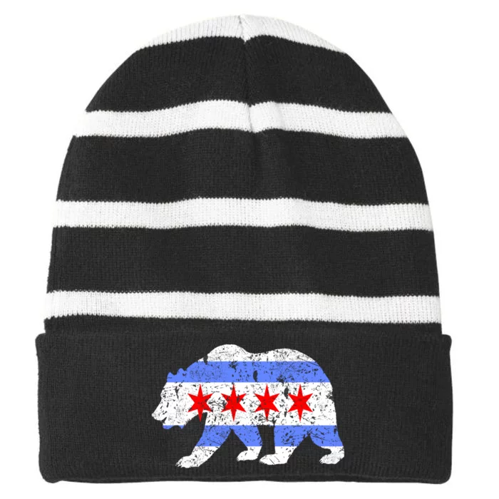 Chicago City Flag Distressed Bear Gift Striped Beanie with Solid Band