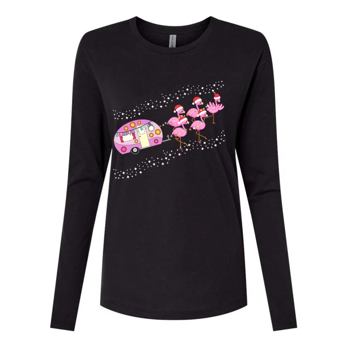 Christmas Camping Flamingo Sleigh Gift Funny Camper Womens Cotton Relaxed Long Sleeve T-Shirt