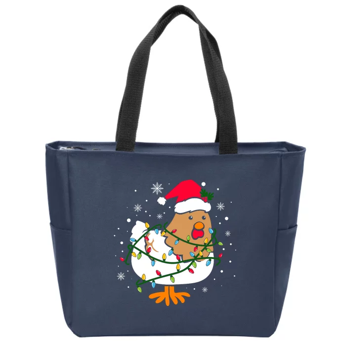 Chicken Christmas Funny Bird Funny Christmas Hat Christmas Lights Zip Tote Bag