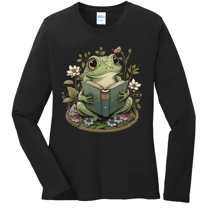 Cute Cottagecore Floral Frog Aesthetic Ladies Long Sleeve Shirt