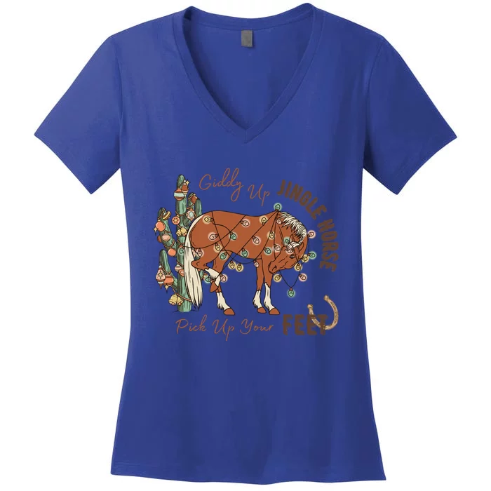 Cow Christmas Giddy Up Jingle Horse Pick Up Your Feet Gift Women's V-Neck T-Shirt