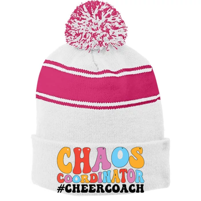 Cheer Coach Groovy Cheerleading Coach Stripe Pom Pom Beanie