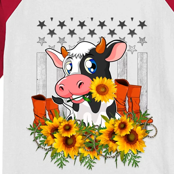 Cute Cow Gift Sunflower American Flag Cow Farmer Cool Gift Kids Colorblock Raglan Jersey