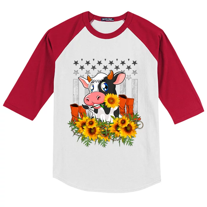 Cute Cow Gift Sunflower American Flag Cow Farmer Cool Gift Kids Colorblock Raglan Jersey