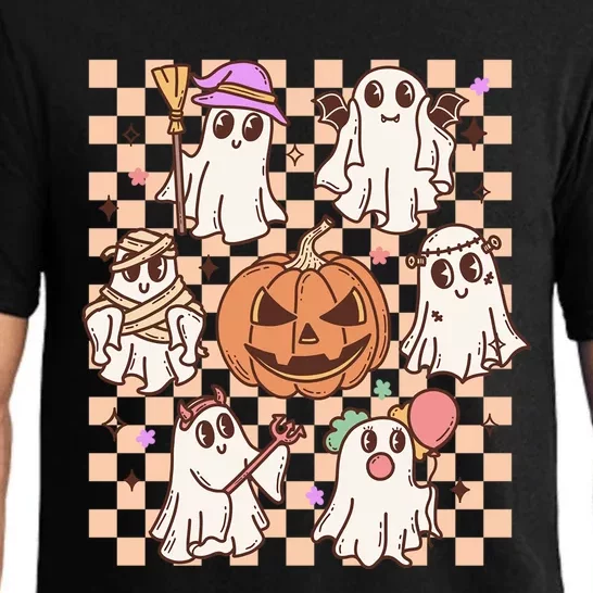 Cute Creepy Ghost Pumpkin Retro Halloween Costume Checkered Gift Pajama Set