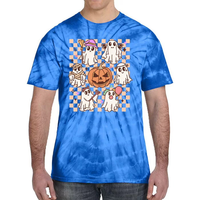 Cute Creepy Ghost Pumpkin Retro Halloween Costume Checkered Gift Tie-Dye T-Shirt