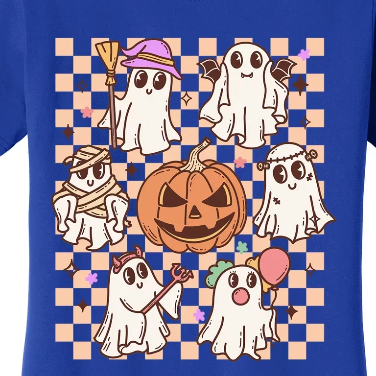 Cute Creepy Ghost Pumpkin Retro Halloween Costume Checkered Gift Women's T-Shirt