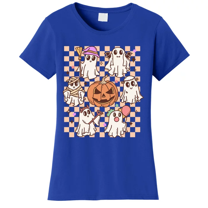 Cute Creepy Ghost Pumpkin Retro Halloween Costume Checkered Gift Women's T-Shirt