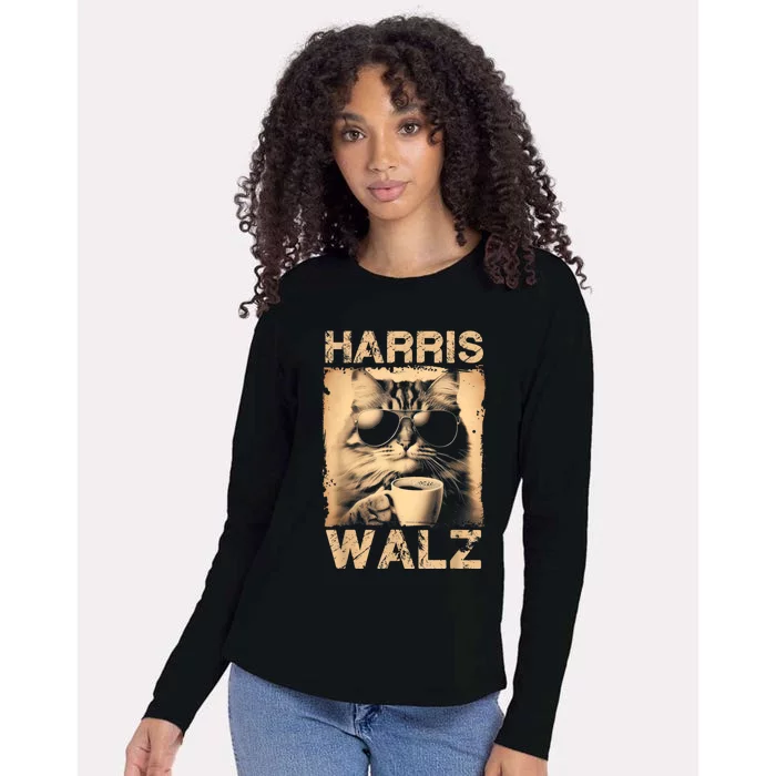 Coffee Cat Harris Walz 2024 Childless Cat Lady Vintage Womens Cotton Relaxed Long Sleeve T-Shirt