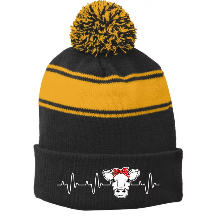 Cattle Cow Heart Valve EKG Heartbeat Cute Cow Lover funny Stripe Pom Pom Beanie