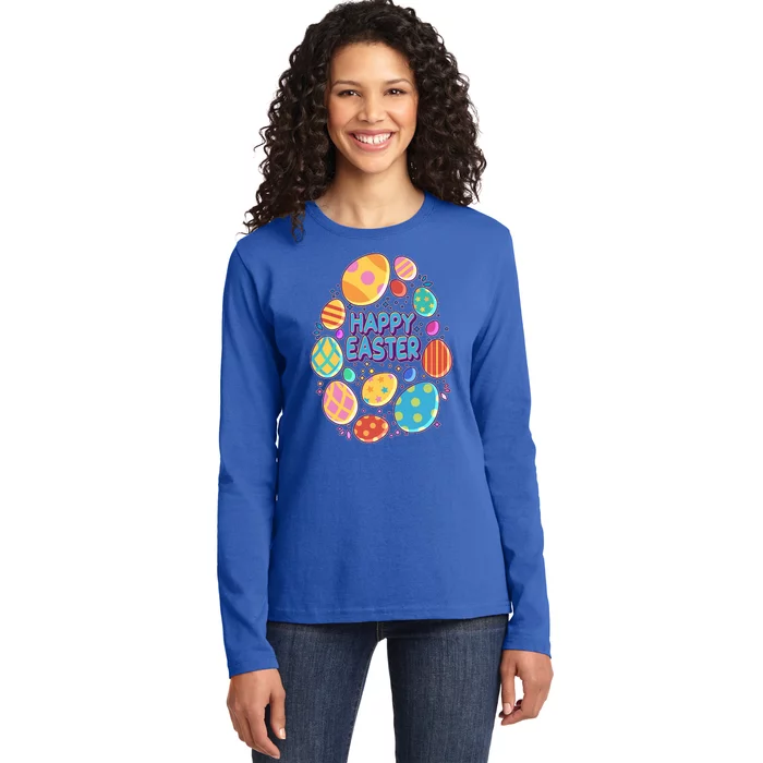 Cute Colorful Happy Easter Eggs Ladies Long Sleeve Shirt