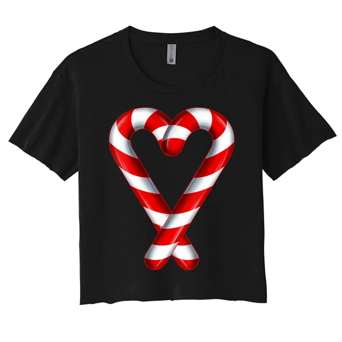 Candy Cane Heart Merry And Bright Red White Candy Couples Vneck Women's Crop Top Tee