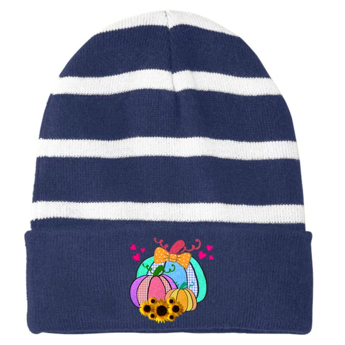 Colorful Cute Halloween Sunflower Pumpkin Striped Beanie with Solid Band