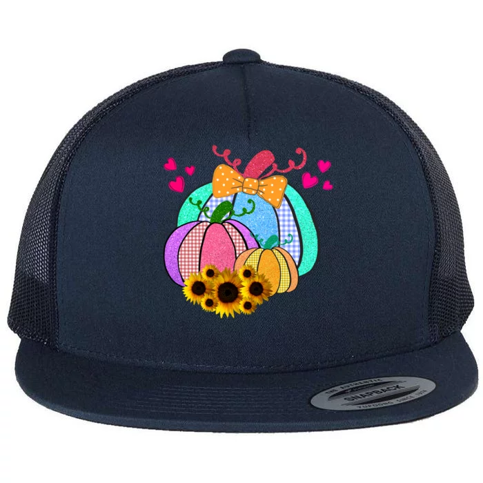 Colorful Cute Halloween Sunflower Pumpkin Flat Bill Trucker Hat