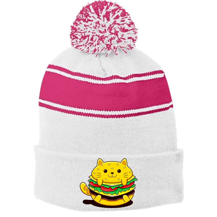 Cute Cat Hamburger Stripe Pom Pom Beanie