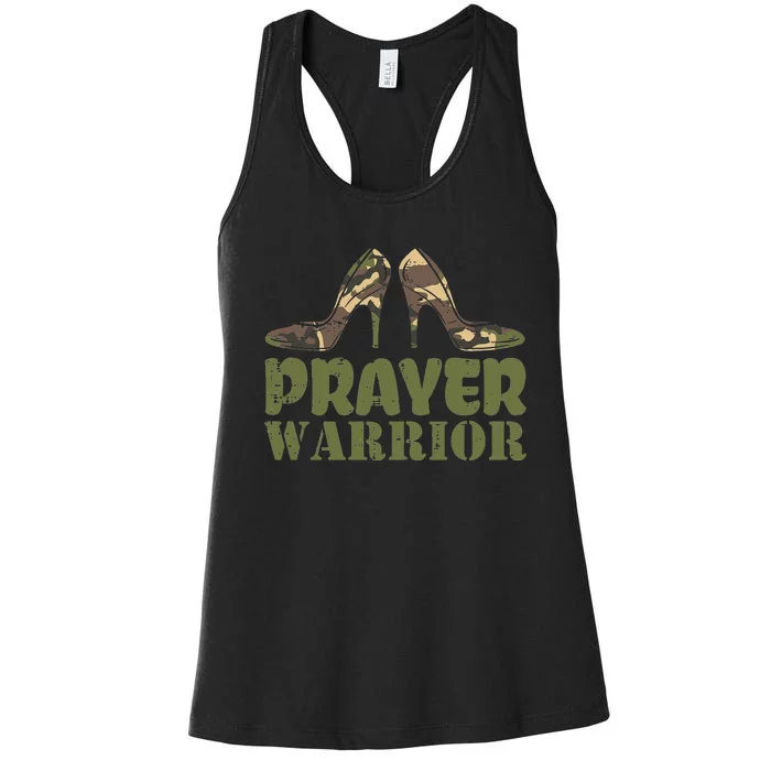 Christian Camo Heels Prayer Warrior Faith God Jesus Women's Racerback Tank