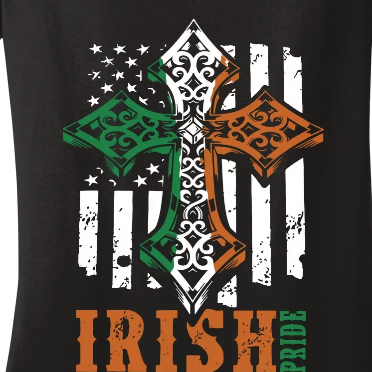 Celtic Cross Irish Pride Celtic Cross St Patrick's Day Flag American Women's V-Neck T-Shirt