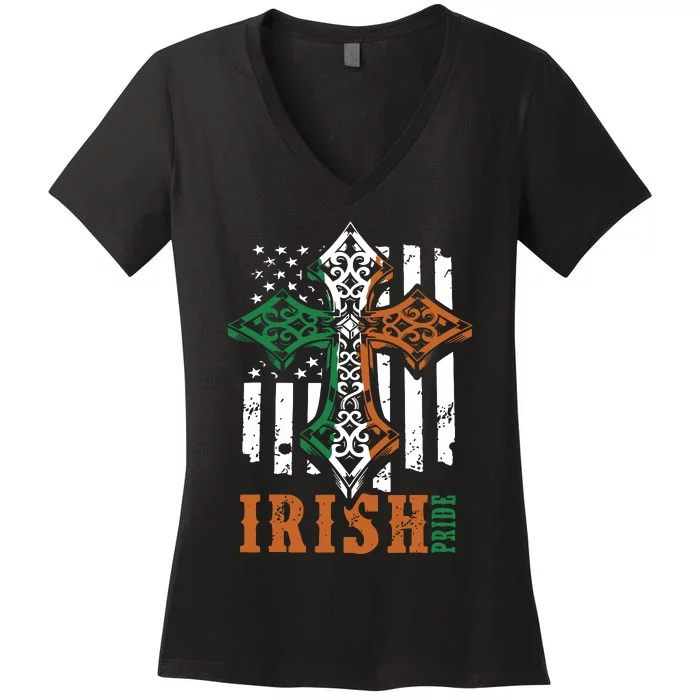 Celtic Cross Irish Pride Celtic Cross St Patrick's Day Flag American Women's V-Neck T-Shirt