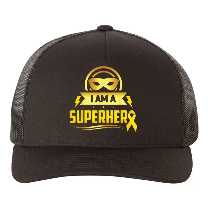 Childhood Cancer I Am A Superhero Ribbon Yupoong Adult 5-Panel Trucker Hat